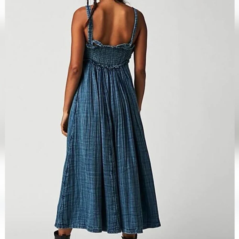 Free People Dolly Midi Dress Blue XS Smocked Tiered Boho Flowy Cottagecore - Picture 4 of 9